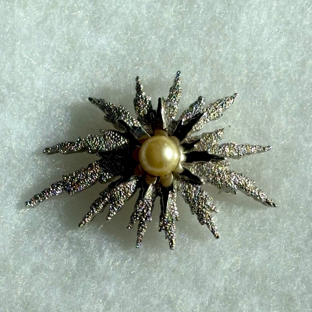 Vintage Crown Trifari Silver Tone Faux Pearl Brooch Spiky Floral